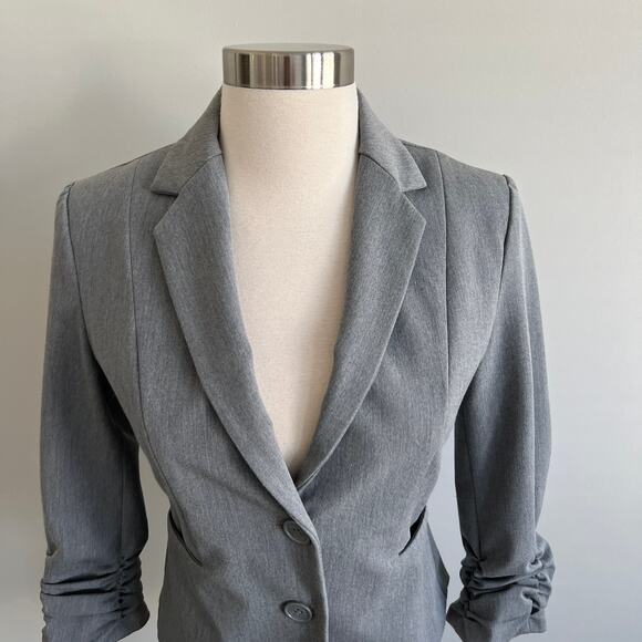 Express Factory 2 Button Blazer Jacket Ruched Sleeves 3/4 Gray Size 0 - Picture 2 of 12